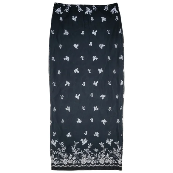 Forever 21 Mesh Maxi Skirt Womens M Black Embroidered Floral Whimsigoth Romantic - Picture 2 of 13